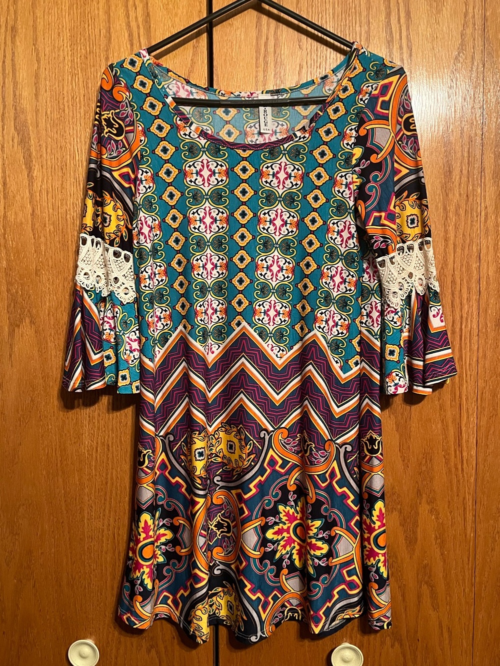 Bohemian Printed Swing Dress with Lace Trim - Teal Multi
